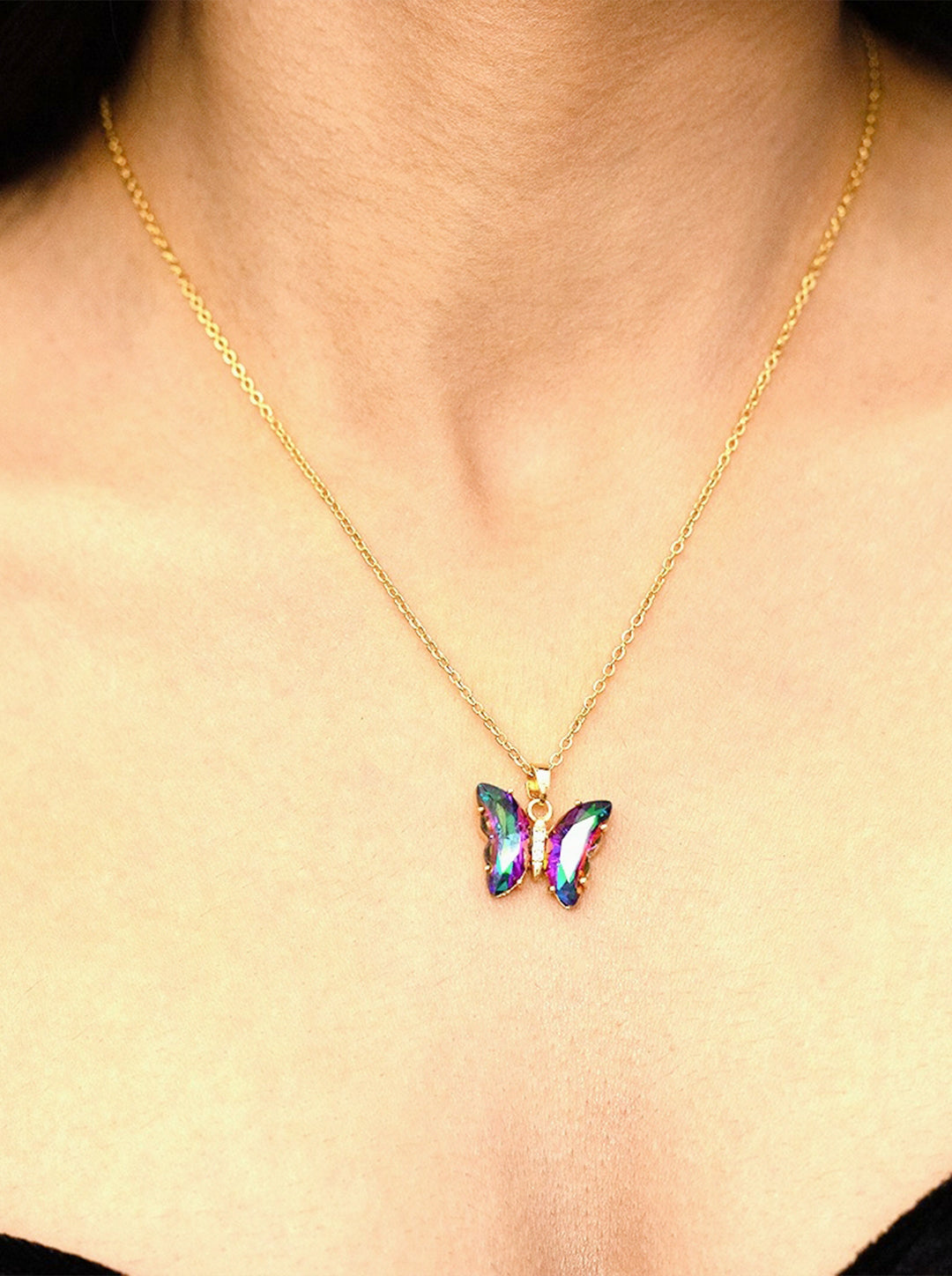 Ornaio 18k Gold Plated Anti-tarnish Multicolor Glass Butterfly Pendant Necklace