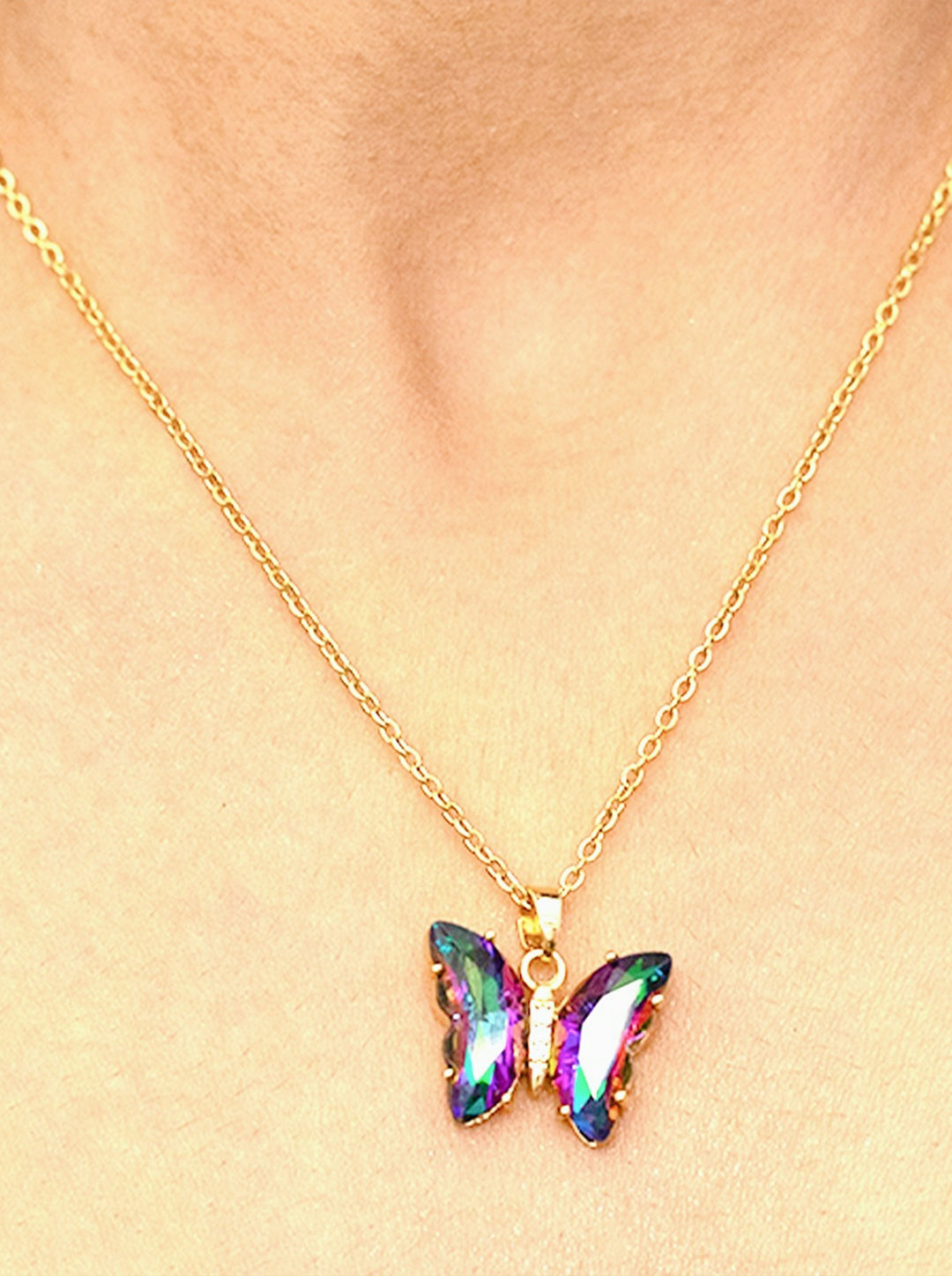 Ornaio 18k Gold Plated Anti-tarnish Multicolor Glass Butterfly Pendant Necklace