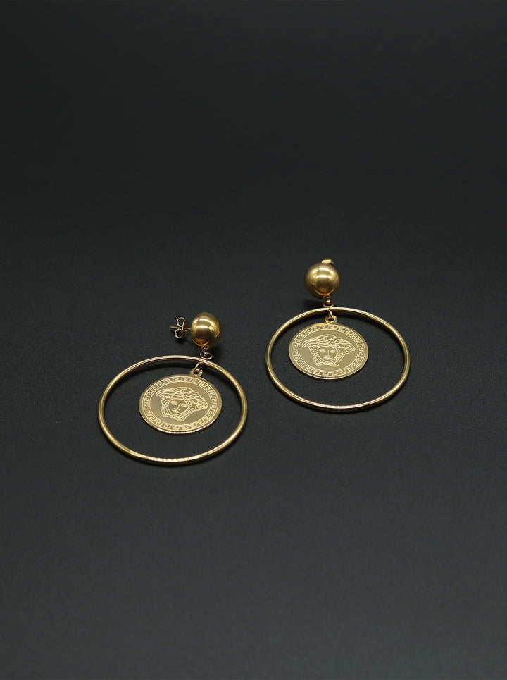 Ornaio 18K Gold Plated Circular Earrings with Versace-Inspired Medusa Head Motif