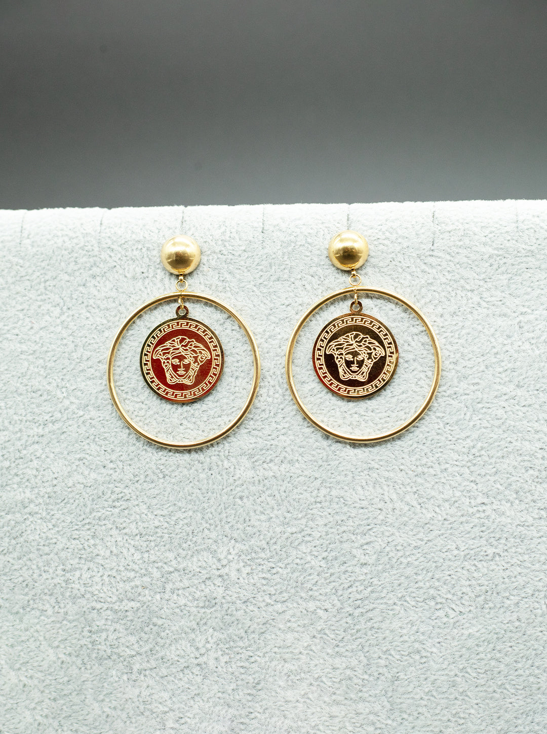 Ornaio 18K Gold Plated Circular Earrings with Versace-Inspired Medusa Head Motif