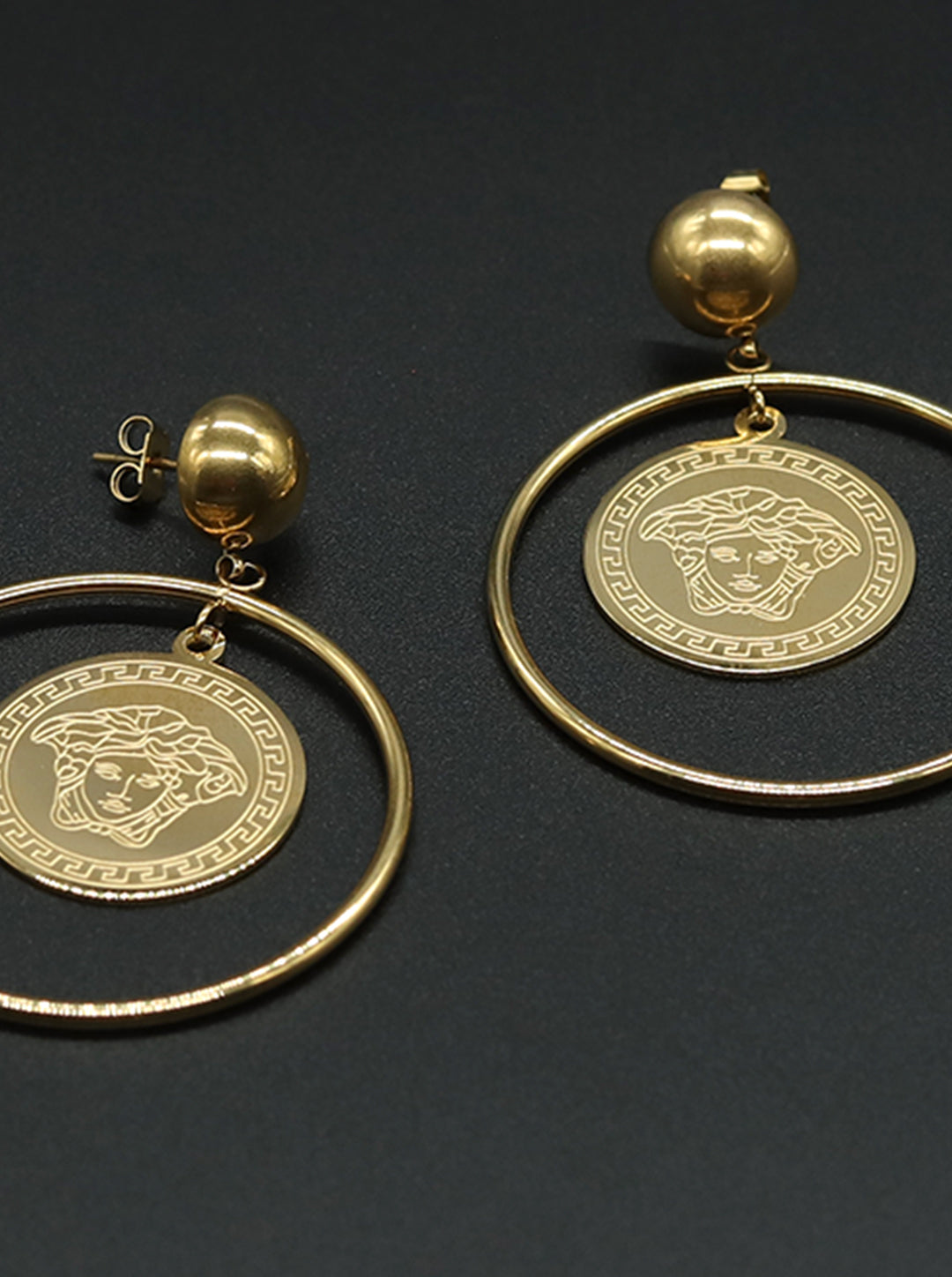 Ornaio 18K Gold Plated Circular Earrings with Versace-Inspired Medusa Head Motif