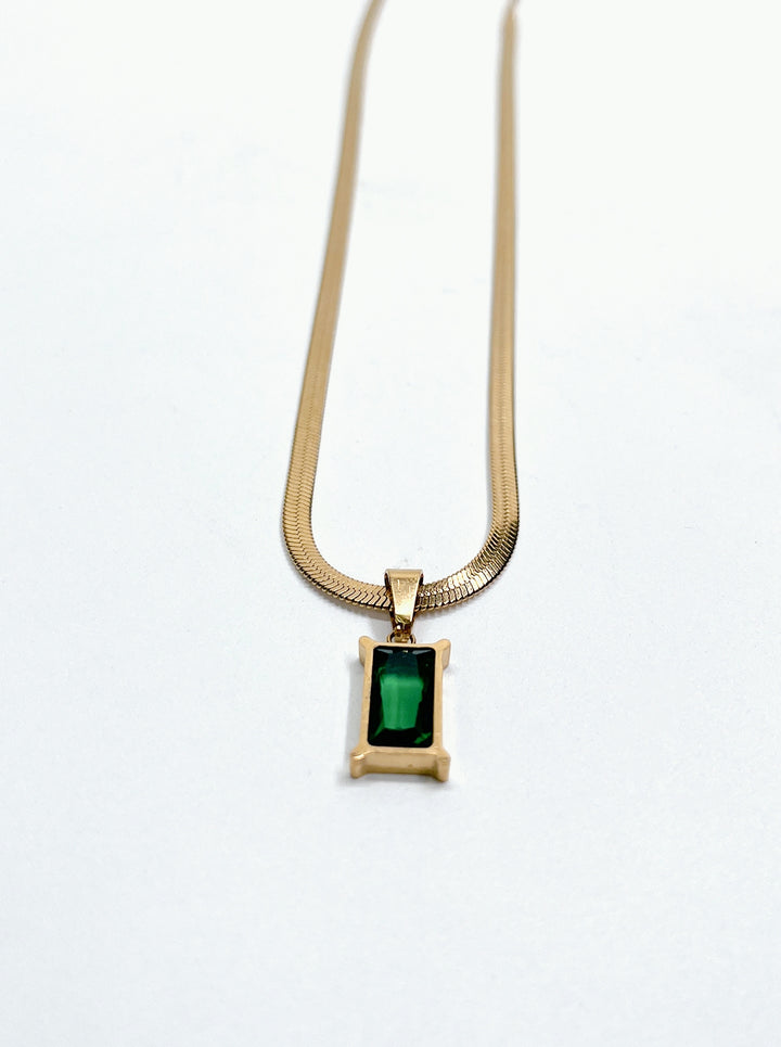 Ornaio 18K Gold Plated Cubic Zirconia Green Color Geometric Pendant Chain Necklace