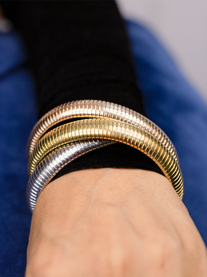 Ornaio Rhodium-Plated Tri-Tone 3-Layered Twisted Spiral Shimmer Bracelet