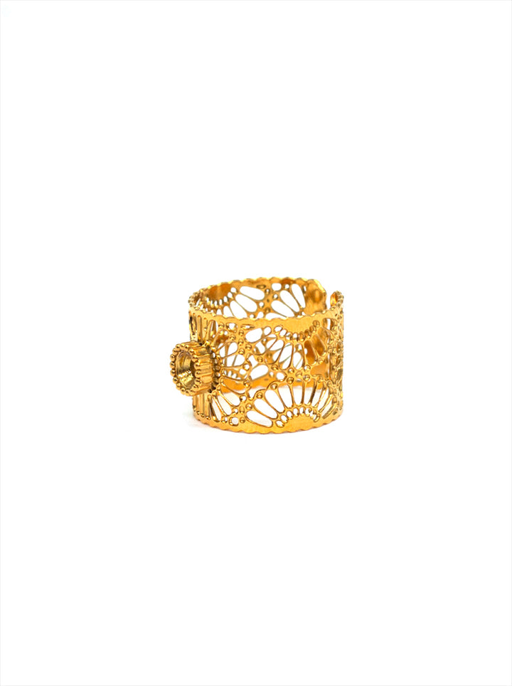 Ornaio 18k Gold Plated Anti-tarnish Shell Adjustable Hollow Flower Lace French Ring