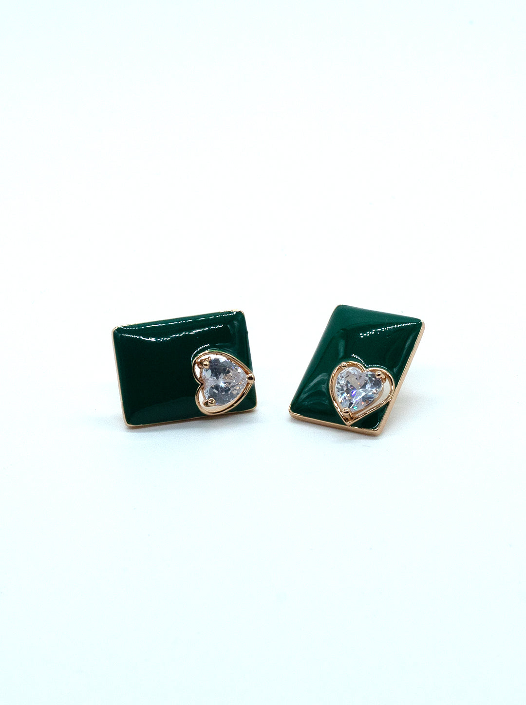 Green Rectangle CZ Heart Stud Earrings