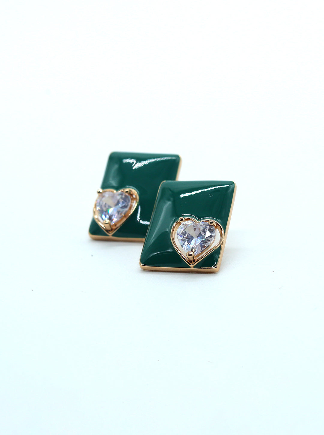 Green Rectangle CZ Heart Stud Earrings