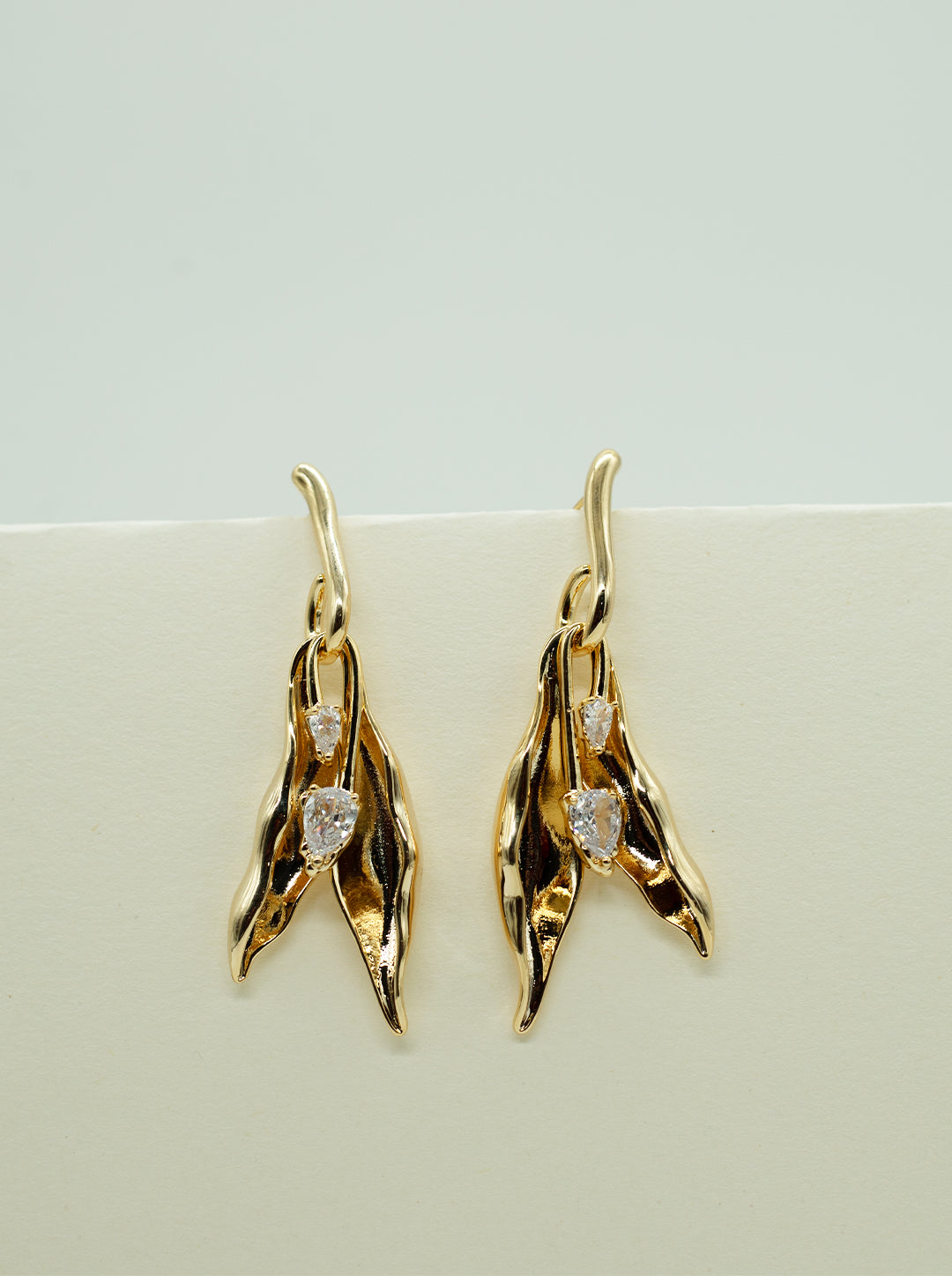 Ornaio 18K Gold Plated Long Hanging Leaf Earrings with Gemstone Accents