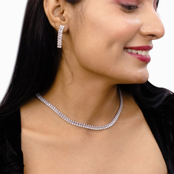 As Seen on Komal Pandey - Rhodium Plated White American Diamond Tennis Necklace Set with Earrings