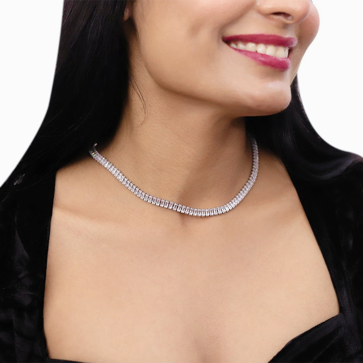 As Seen on Komal Pandey - Rhodium Plated White American Diamond Tennis Necklace Set with Earrings